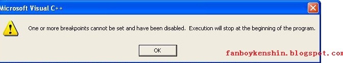 One or more breakpoints cannot be set and have been disabled. Execution will stop at the beginning of the program